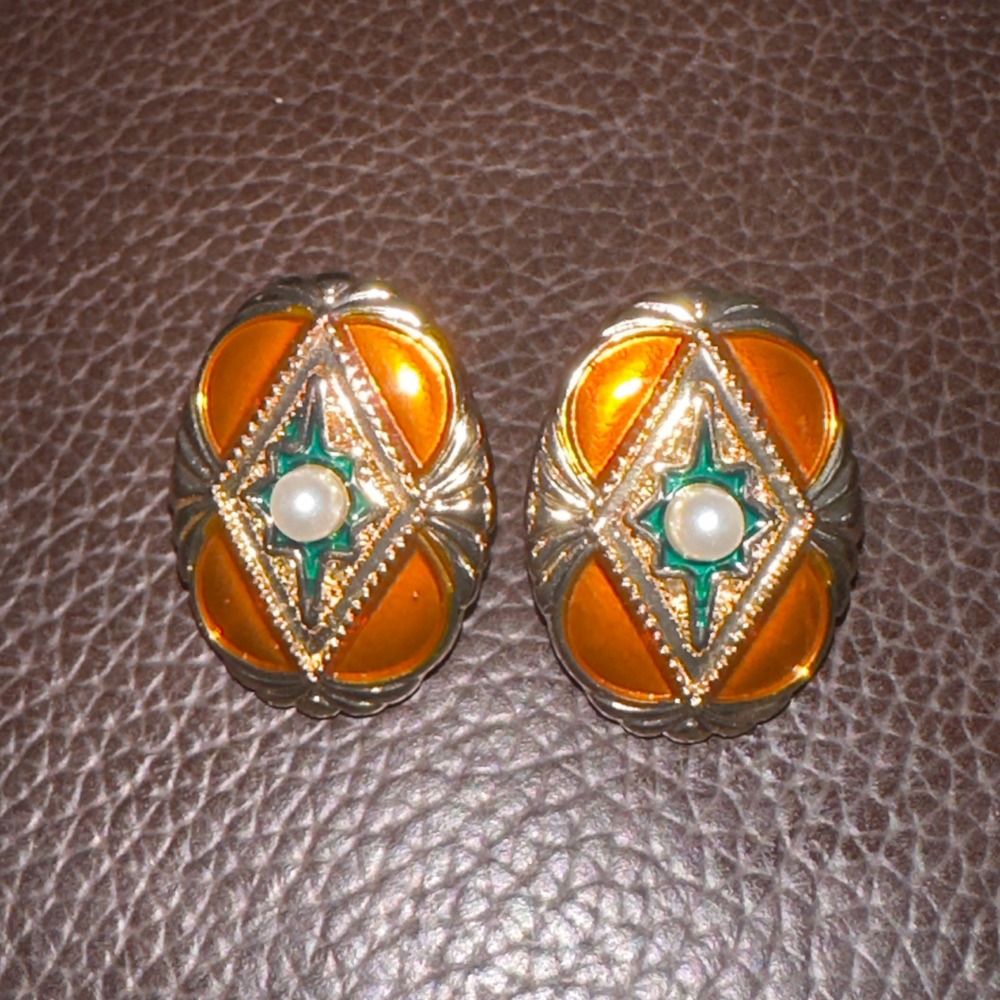 Vintage Style Orange Enamel Faux Pearl Gold Tone Oval Geometric Stud Earrings